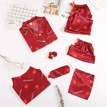 Intimate Lingerie Women Satin Home Clothing Burgundy 7PCS Pajamas Suit Print Stripe Sleep Set Sleepwear Casual Lady Nightgown
Intimate Lingerie Women Satin Home Clothing Burgundy 7PCS Pajamas Suit Print Stripe Sleep Set Sleepwear Casual Lady Nightgown