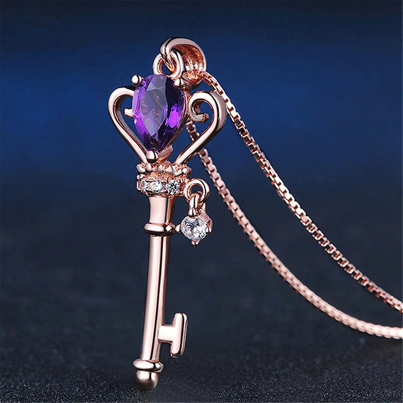 

AMORUI Purple Crystal Key Pendant Necklaces Gold Color AAA Zircon Box Chian Necklaces For Women Party Wedding Gift