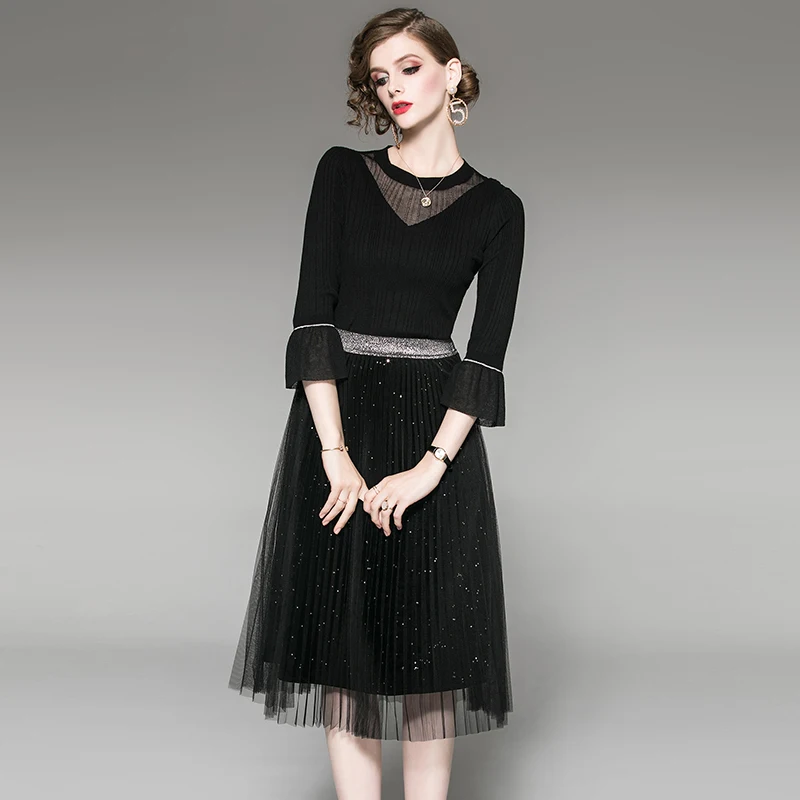 Office Lady Fashion Black 2 Piece Set Spring Autumn Sexy Slim Flare Sleeve Knitted Blouse+Mesh Long Skirt Women Two-piece Sets 
Office Lady Fashion Black 2 Piece Set Spring Autumn Sexy Slim Flare Sleeve Knitted Blouse+Mesh Long Skirt Women Two-piece Sets