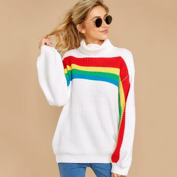 Siskakia Women's Long Sleeve Turtleneck Sweater 2019 Autumn Winter New Rainbow Striped Knitted Pullovers White Loose Large Size
Siskakia Women's Long Sleeve Turtleneck Sweater 2019 Autumn Winter New Rainbow Striped Knitted Pullovers White Loose Large Size