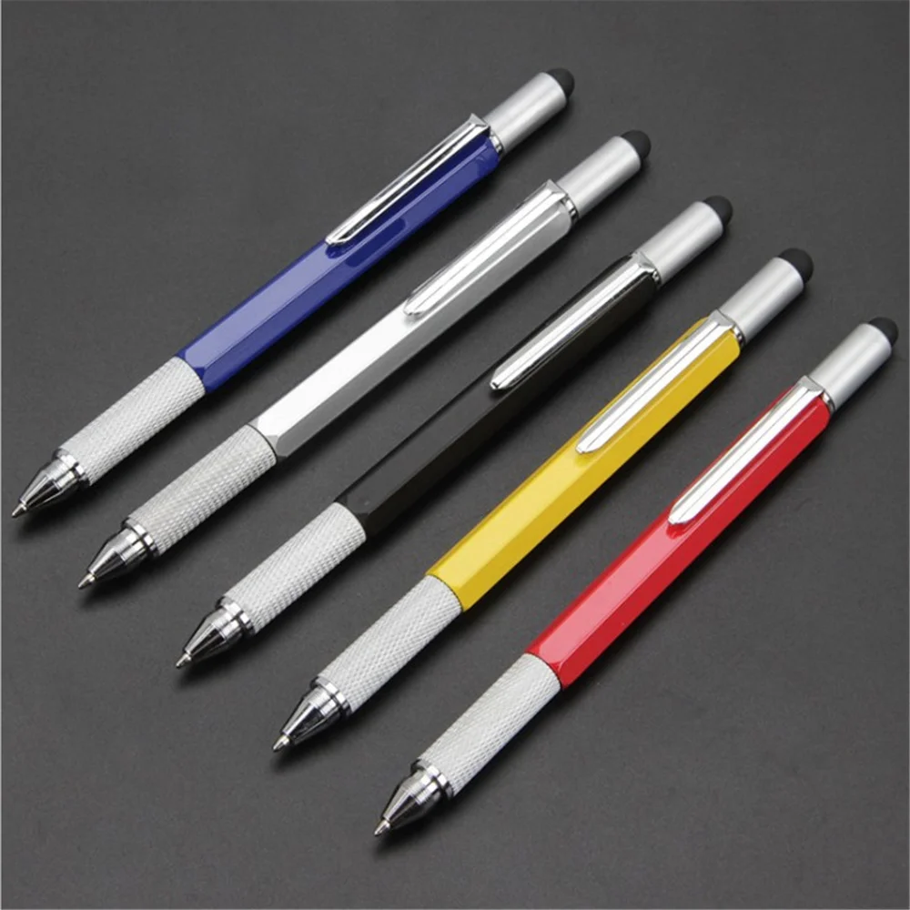 Wielofunkcyjny długopis z piórem, stylusem, płaskim bitem śrubokrętu, czarnym cienkopisem, poziomicą i linijką - Wianko - 4