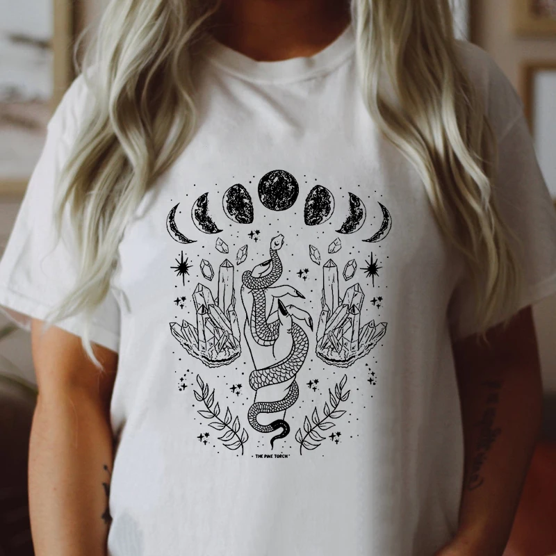 Футболка женская с изображением мистической Луны и змеи модная футболка ведьмой