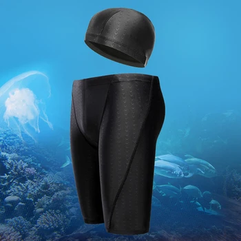 

Men Shark Skin Water Repellent Professional Competitive Swimming Trunks Brand Soild Jammer Swimsuit Pant Racing Briefs with Cap