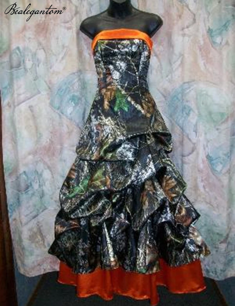 

Camouflage Cheap Strapless A-Line Camo Wedding Dresses Draped Orange Lace Up Bridal Gowns Plus Size Real Tree Long Formal WD38