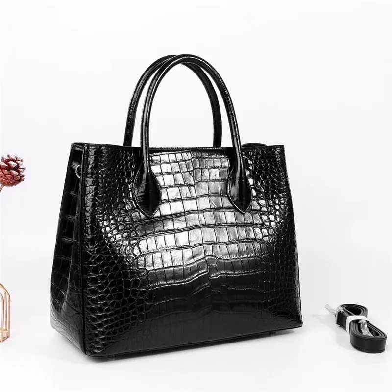 

Authentic Real Crocodile Skin Women's Classic Solid Black Purse Genuine Alligator Leather Lady Handbag Female Large Shoulder Bag