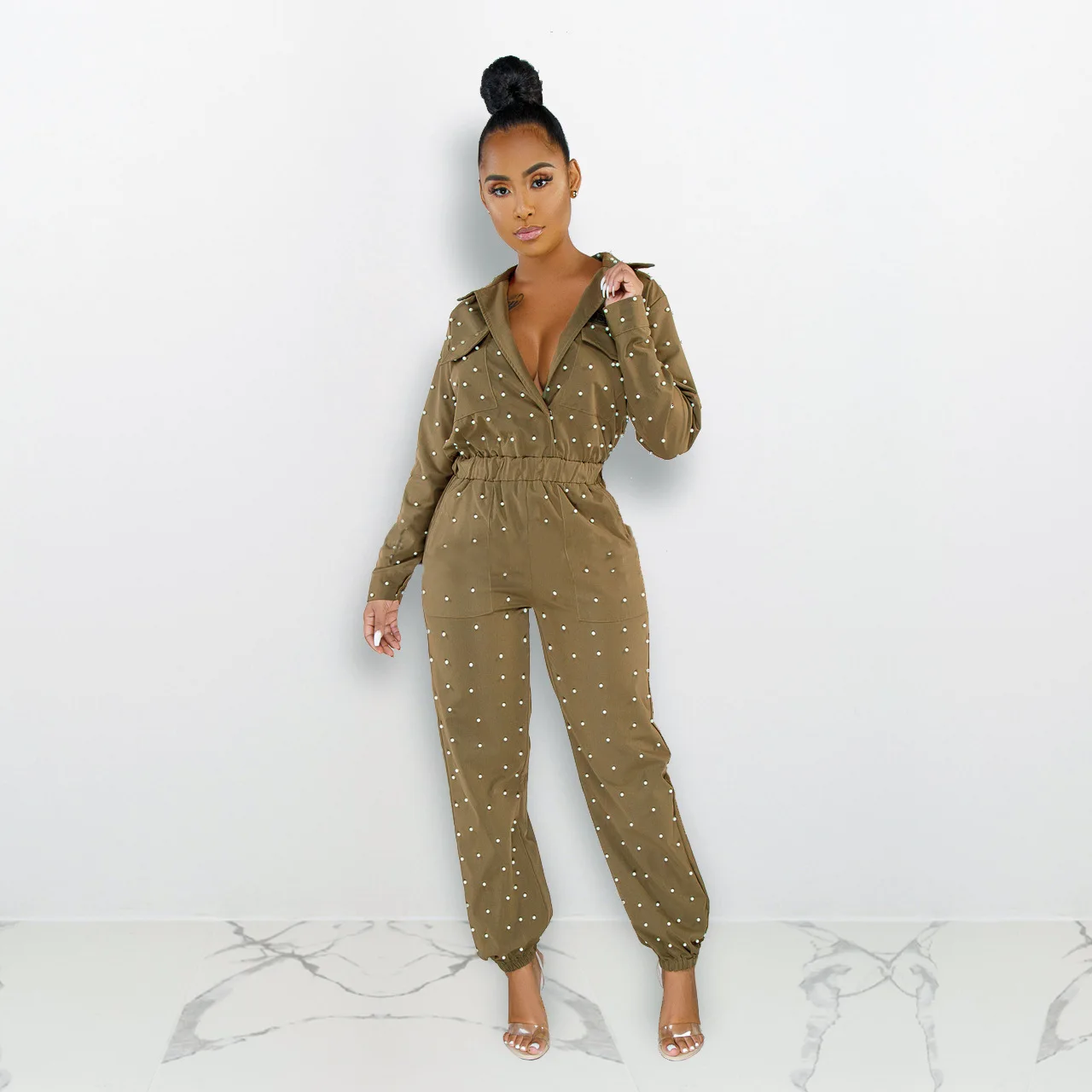 Autumn Winter Women Outfits Turn-down Collar Solid Beading Long Sleeve Straight Jumpsuit Night Club Casual Fashion Overalls 2019
Autumn Winter Women Outfits Turn-down Collar Solid Beading Long Sleeve Straight Jumpsuit Night Club Casual Fashion Overalls 2019