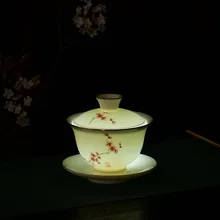 לבן פורצלן כבשים שומן ירקן כיסוי קערת שלוש רק כיסוי קערת קרמיקה מתנת סט מותאם אישית לוגו Sopera דה Ceramica Gaiwan(China)