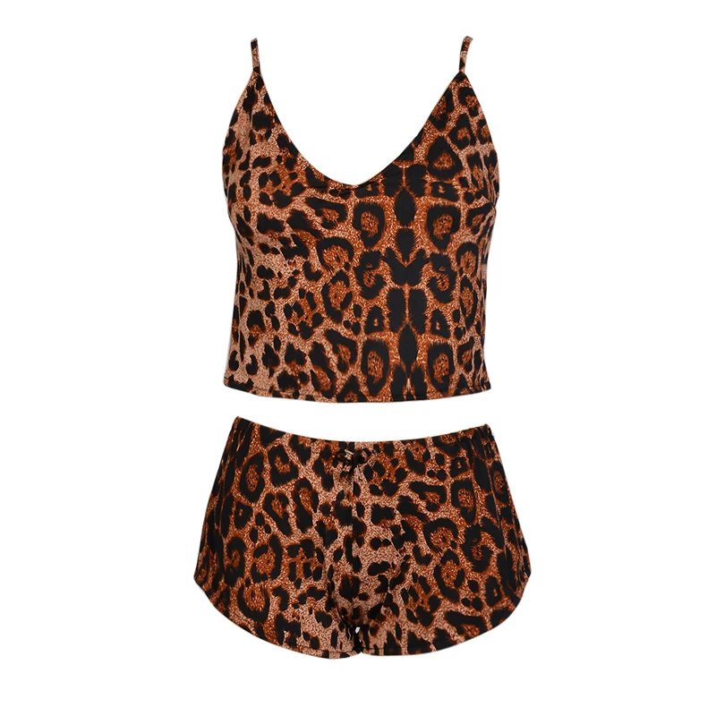Women lovely Home pajamas Suspender top Satin Camisole PajamasShorts Lingerie Set Simulation Silk Leopard Pajamas