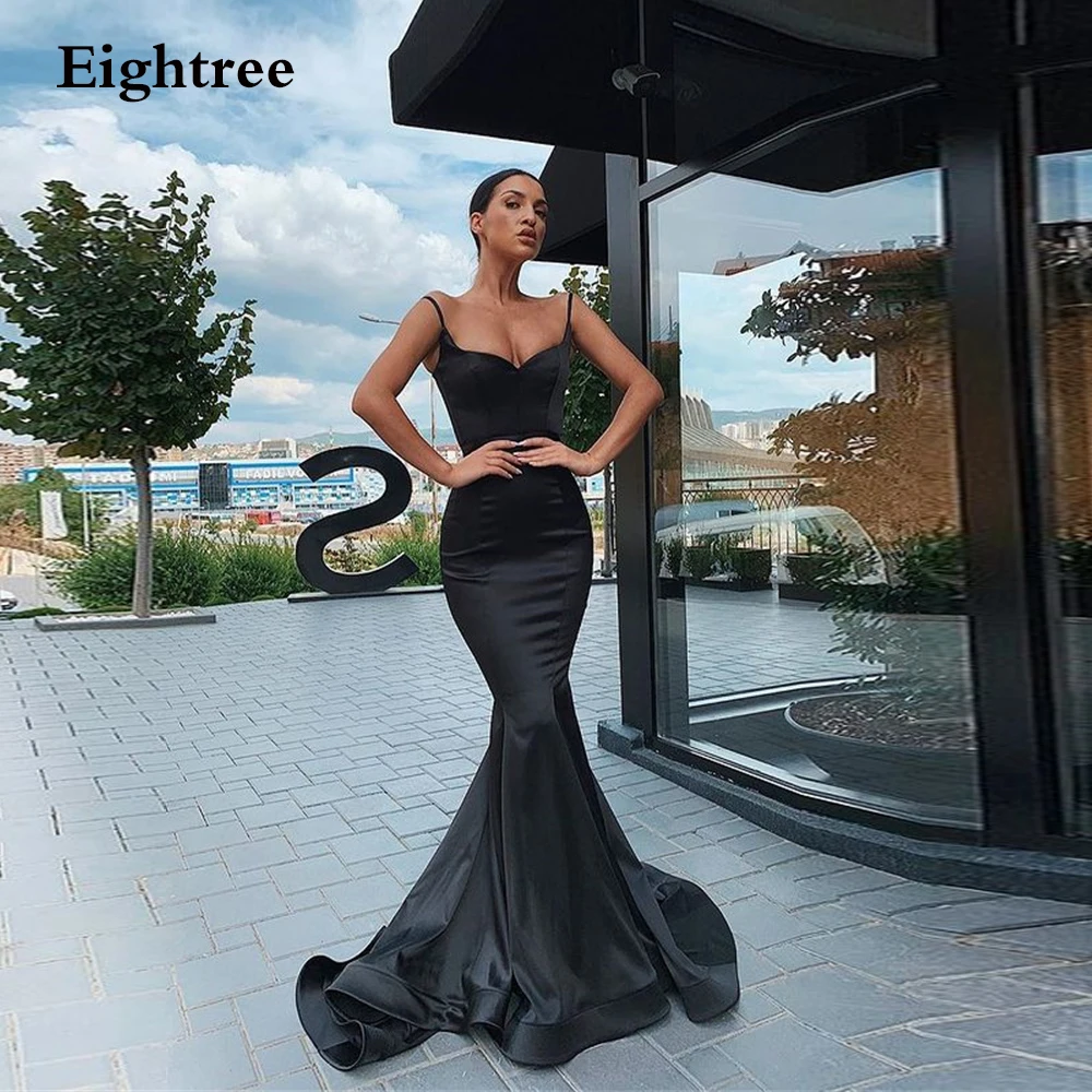 

Eightree Black 2024 Mermaid Spaghetti Strps Sweatheart Prom Dress Satin Night Party Dress Floor Length Pleated Evening Dress