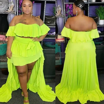 2020 Summer women lotus leaf one-shoulder top front short back long trailing skirt two-piece women's suit party
2020 Summer women lotus leaf one-shoulder top front short back long trailing skirt two-piece women's suit party