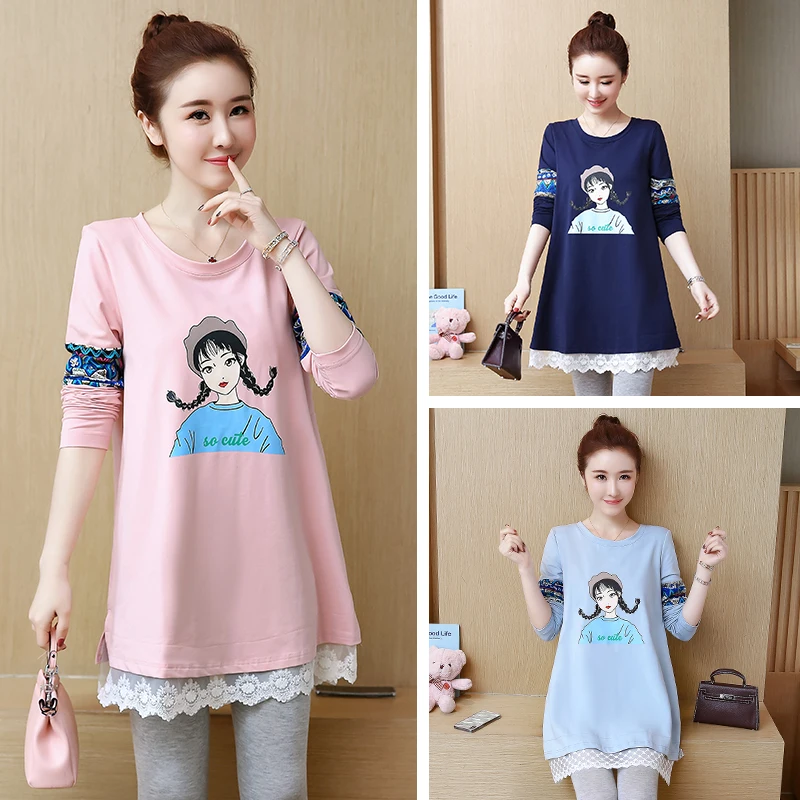Lace Stitching Women Long T Shirt Fashion Character Kawaii Tees Top Casual Loose Full Sleeve T-shirt Chemise Femme New
Lace Stitching Women Long T Shirt Fashion Character Kawaii Tees Top Casual Loose Full Sleeve T-shirt Chemise Femme New