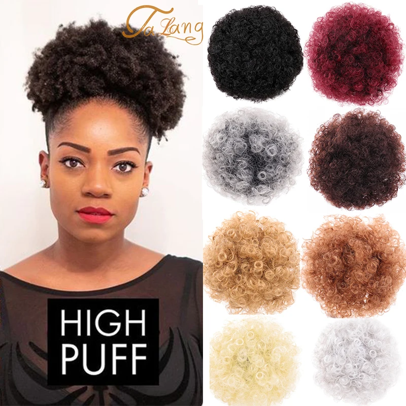 

TALANG High Puff Afro Curly Wig Ponytail Drawstring Short Afro Kinky Pony Tail Clip in Synthetic Hair Bun with Bang Extensions