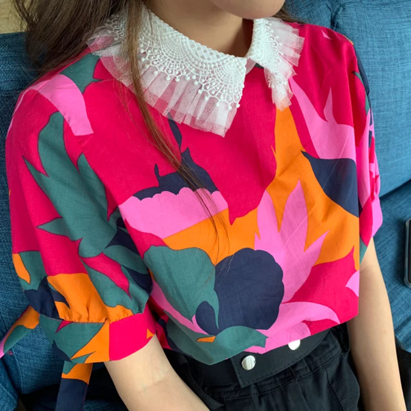 Lady Blouse Colorful Floral Print Blouse White Lace Collar Puff Sleeve Top Women Shirt Chemise Femme Chemisier Blusa Mujer Camis
Lady Blouse Colorful Floral Print Blouse White Lace Collar Puff Sleeve Top Women Shirt Chemise Femme Chemisier Blusa Mujer Camis