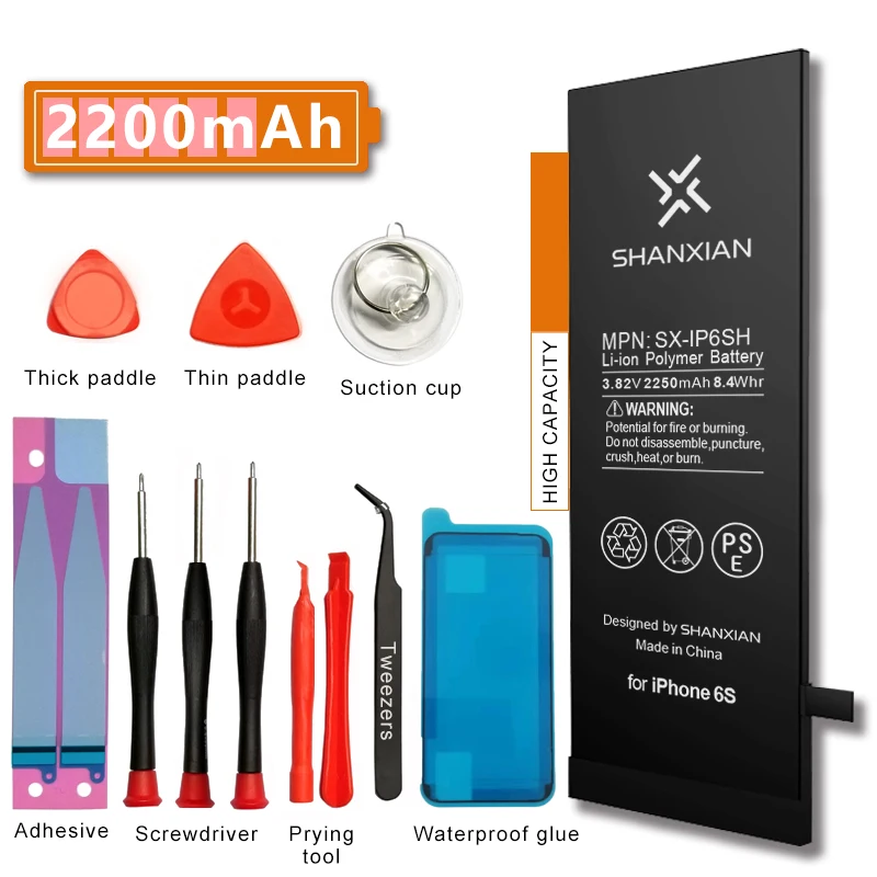 SHANXIAN High Extend capacity battery replacement for iPhone 6S Zero Cycle Real capacity 2200mAh with Free tools and PSE CE UN38
SHANXIAN High Extend capacity battery replacement for iPhone 6S Zero Cycle Real capacity 2200mAh with Free tools and PSE CE UN38
