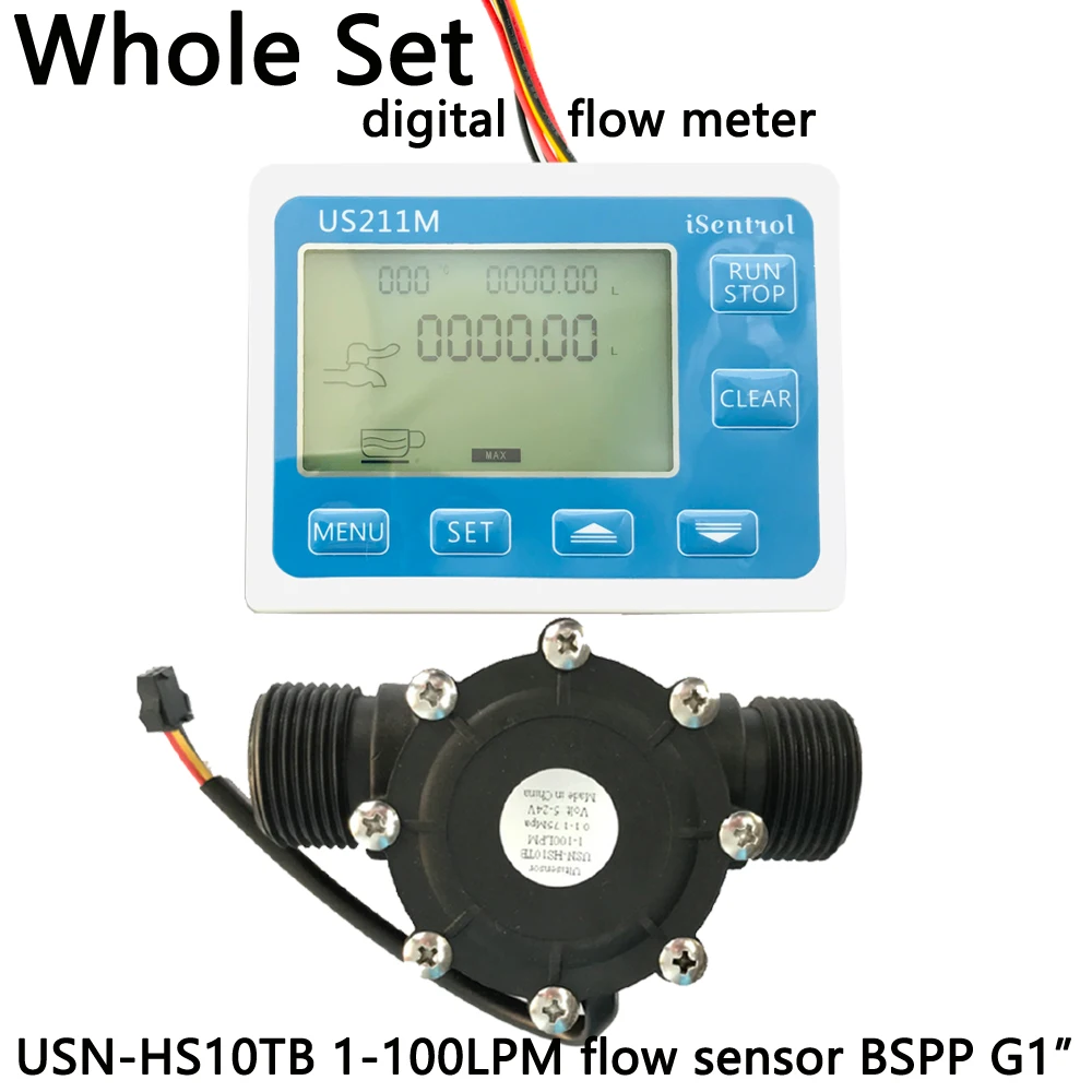 

US211M Digital Flow Sensor Meter & USN-HS10TB PA66 Nylon and Fibre Glass Hall Flow Sensor Measurement 2-100L/minBSPP G1" Dijiang