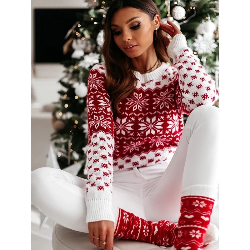 Autumn Winter Women Sweaters Snowflake Print Long Sleeve Round Collar Ladies Clothes Xmas Party Female Knitted Womans sweashirt
Autumn Winter Women Sweaters Snowflake Print Long Sleeve Round Collar Ladies Clothes Xmas Party Female Knitted Womans sweashirt
