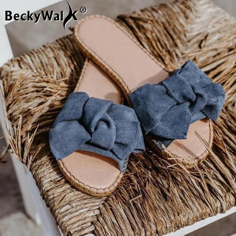Женские сандалии из флока с бантом сланцы пляжные шлепанцы 4 цвета WSH3617 | Обувь