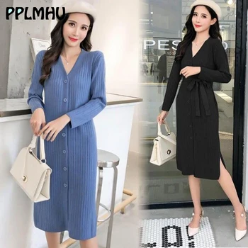 Fashion V-Neck Split Slim belt waist knitted dress 2019 new casual winter long sleeve Button loose cardigan Elegant party dress 
Fashion V-Neck Split Slim belt waist knitted dress 2019 new casual winter long sleeve Button loose cardigan Elegant party dress