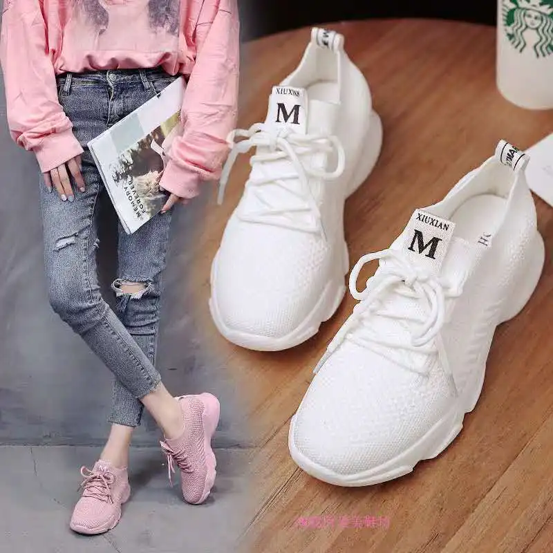Shiningstar xie Fly Woven Breathable Casual Sports Travel Shoes Lace-up Pink Korean-style Versatile Running WOMEN'S Shoes