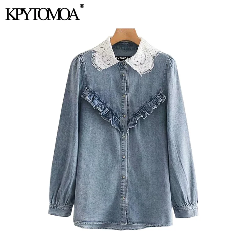 Vintage Stylish Lace Patchwork Ruffles Denim Blouses Women 2020 Fashion Lapel Collar Long Sleeve Female Shirts Blusas Chic Tops
Vintage Stylish Lace Patchwork Ruffles Denim Blouses Women 2020 Fashion Lapel Collar Long Sleeve Female Shirts Blusas Chic Tops