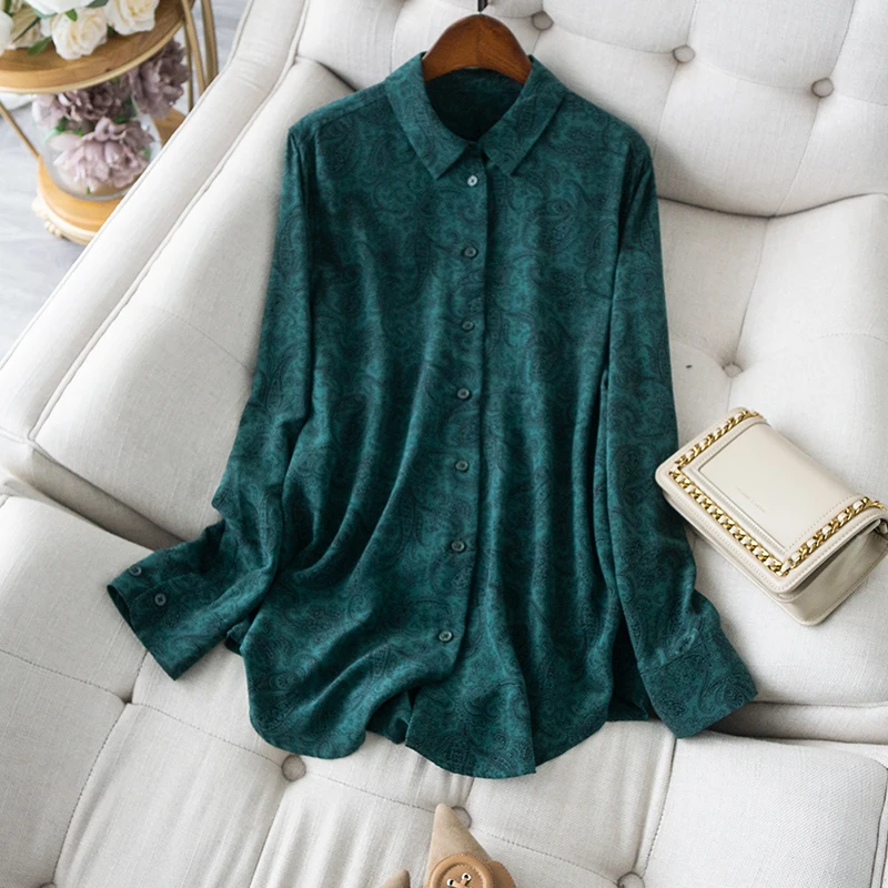 Elfbop Ladies Silk Dark Green Cashew Flower Print Long Sleeve Lapel Shirt Top - Women Latest Fashion Casual Blouse Shirt 
Elfbop Ladies Silk Dark Green Cashew Flower Print Long Sleeve Lapel Shirt Top - Women Latest Fashion Casual Blouse Shirt