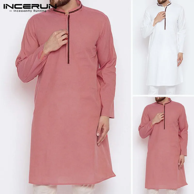 

INCERUN Vintage Muslim Men Islamic Kaftan Long Sleeve Stand Collar Saudi Arabia Robes Middle East Abaya Jubba Thobe Men Clothing