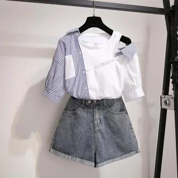 New arrival women korean elegant 2 pieces set women sexy off shoulder striped shirts and side bandage denim shorts sets 
New arrival women korean elegant 2 pieces set women sexy off shoulder striped shirts and side bandage denim shorts sets