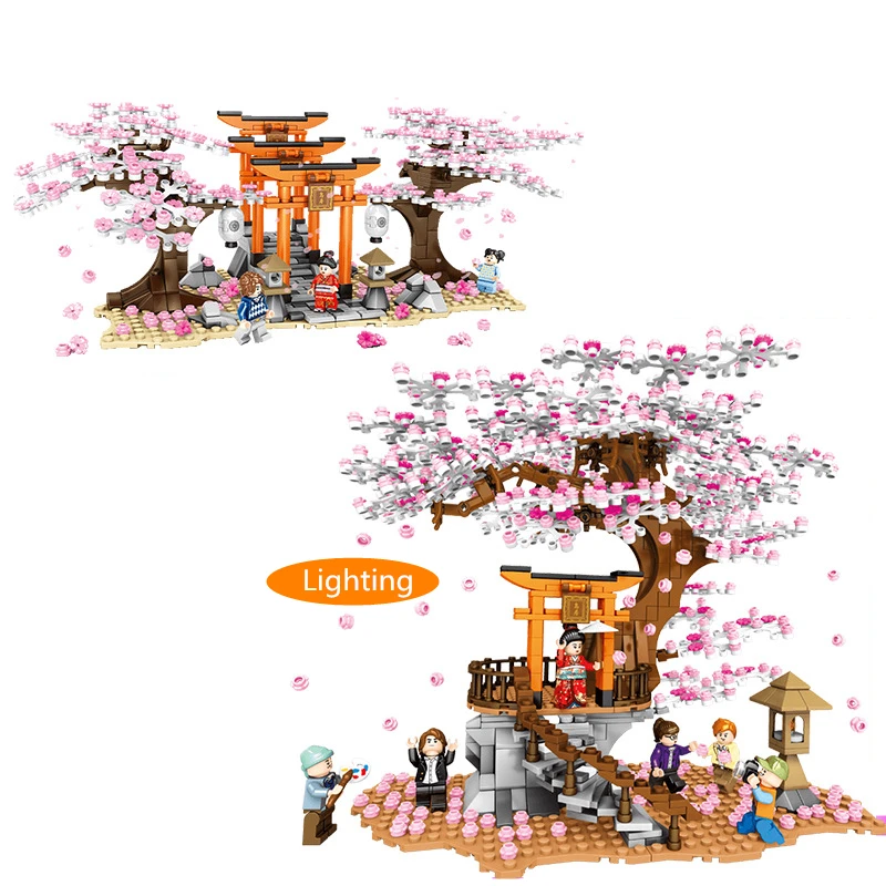 

New Ideas City Street View Sakura Stall Inari Shrine House DIY Building Blocks sets Bricks Cherry Tree blossom Friends Kids Toys