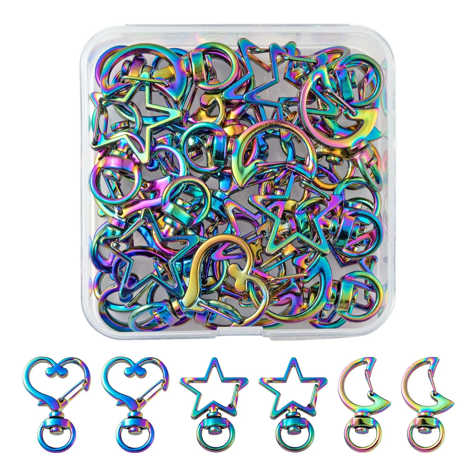 30Pcs 3 Styles Alloy Swivel Lobster Clasps Swivel Snap Hook Heart Star Moon Multi-color 34x18~24x5mm, Hole: 4mm 10pcs/s
30Pcs 3 Styles Alloy Swivel Lobster Clasps Swivel Snap Hook Heart Star Moon Multi-color 34x18~24x5mm, Hole: 4mm 10pcs/s