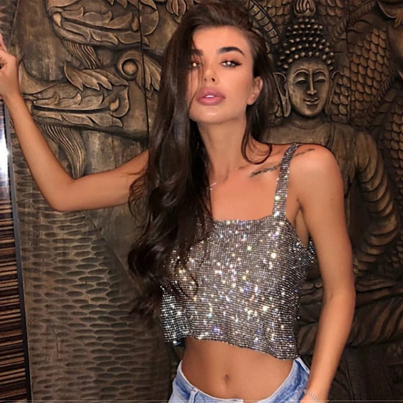 Diamonds Sequins Cropped Top Cami Club Outfit JKP4735