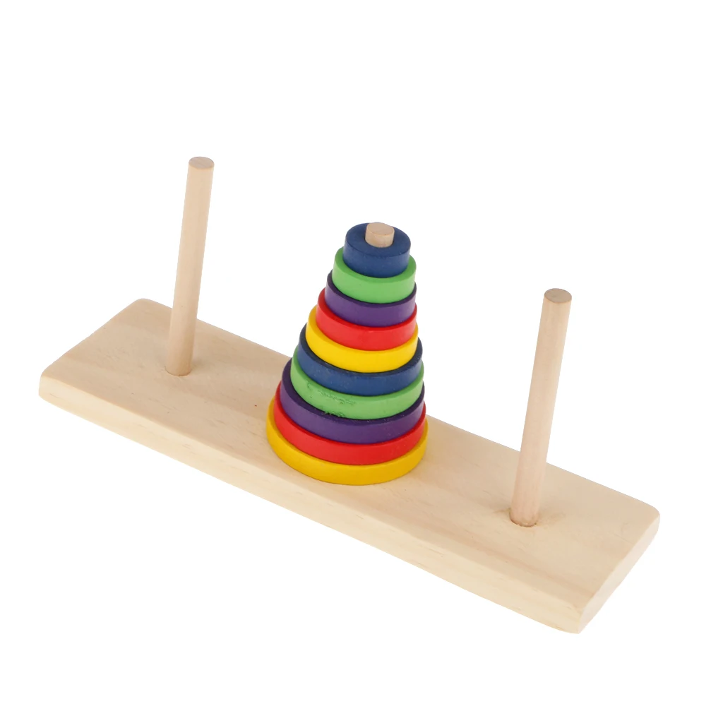 Tower of Hanoi Wooden Puzzle 10 Rings Geometric Stacker Kids Developmental Toy, 10 Colorful Pieces