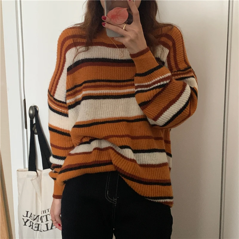 Retro striped loose spring and autumn Japanese lazy style long-sleeved knitted sweater women
Retro striped loose spring and autumn Japanese lazy style long-sleeved knitted sweater women