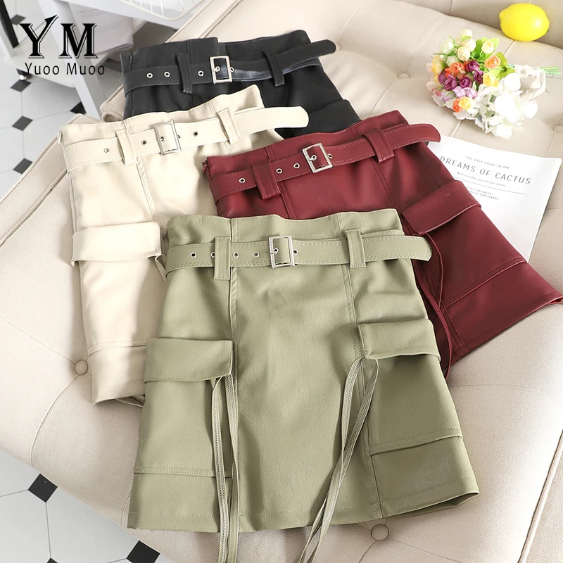 Фото YuooMuoo Hot Big Pockets Cargo Autumn Short Skirts Women 2019 New Good Quality Comfy High Waist Vintage Skirt Leather Sash | Женская