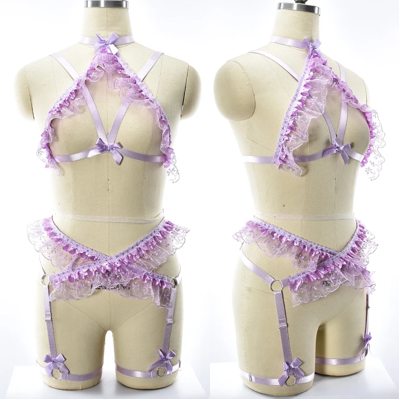 

Purple Lace Bow Body Haeness Set Wedding Garter Bondage Cage Bra Punk Suspenders Women Harness Belt Hollow Bra Garter Belt
