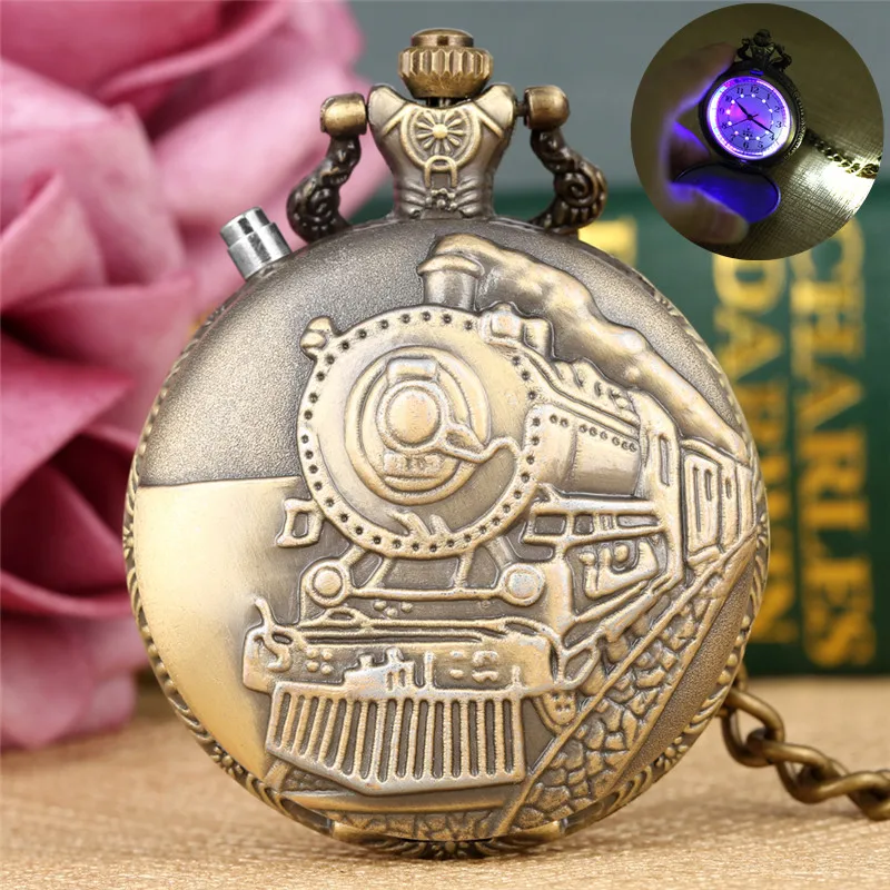 

Steampunk LED Light Clock Train Locomotive Men Women Quartz Analog Pocket Watch Arabic Numerals Display Pendant Chain Gift