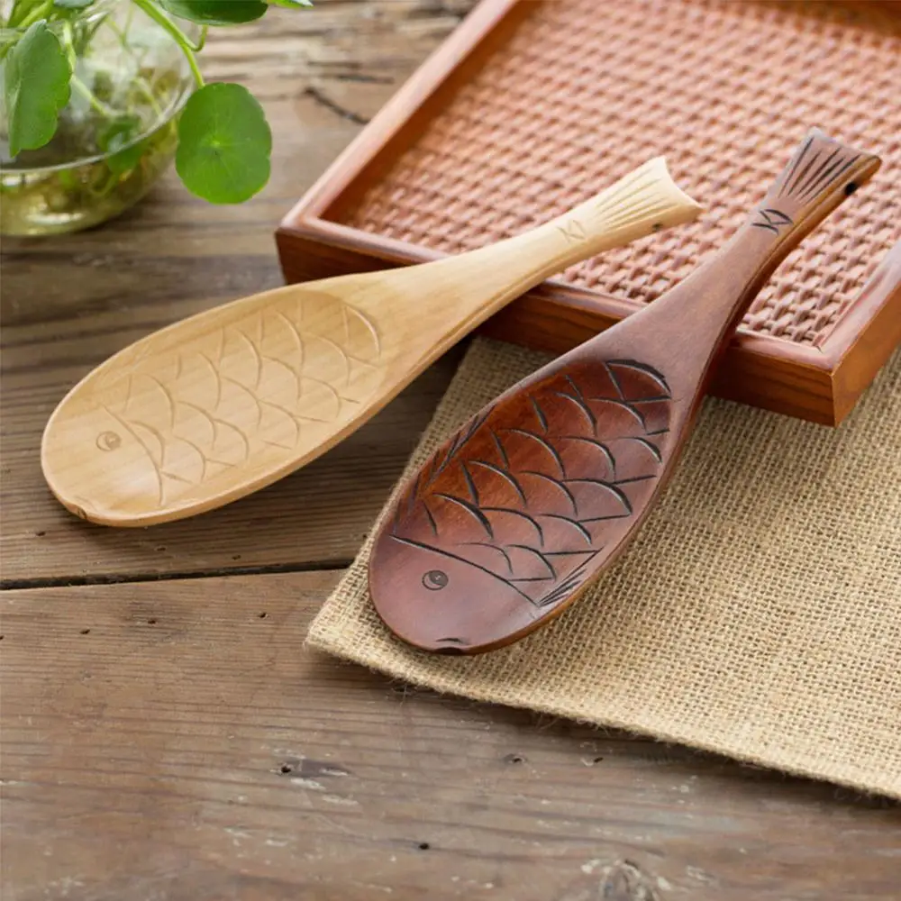 

Creative Wooden Shovel Rice Spoon Hand Polished Solid Color Fish Shape Wooden Fish Rice Scoop Firm kitchenware For Rice Soup