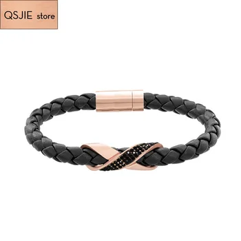

QSJIE High quality SWA rose gold eight character woven men and women's Black Leather Rope Bracelet Charming fashion jewelry