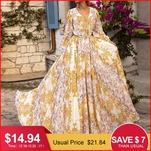 Miessal Floral cuello en V vintage largo retro Vestido Mujer manga larga elegante fiesta noche vestido otoño sexy boho maxi vestido Año Nuevo(China)