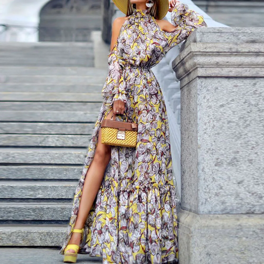 

Halter Summer Women Pleated Dress Floral Printed Summer Boho 2020 Beach Long Maxi Dresses Robe Femme Vestiods Cover Up Tunic