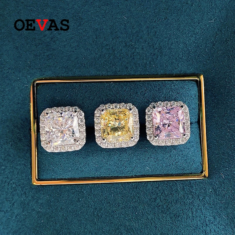 

OEVAS 100% 925 Sterling Silver 7*7mm Pink Yellow High Carbon Diamond Stud Earrings For Women Sparkling Wedding Fine Jewelry Gift