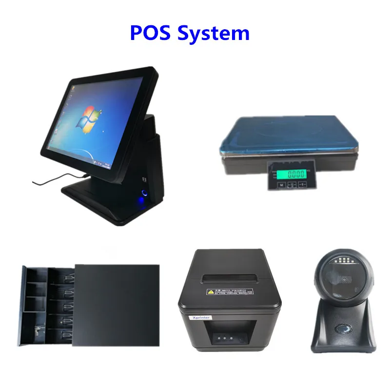 

POS System 15" Touch Screen Cash Register, 80mm Thermal Printer, Cash Drawer, 1D Barcode Scanner for Supermarkets Retail Stores