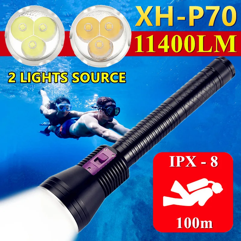 

3 * CREE XHP70 Powerful Underwater 100m LED Diving Flashlight Waterproof Outdoor Hunting Tactical Torch Scuba Dive Fill Lights