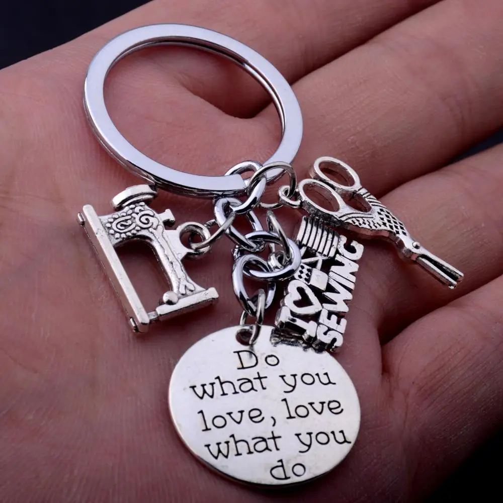 

12PC Do What You Love Love What You Do Keychains I Love Sewing Tailoring Machine Scissors Pendant Keyrings Women Tailor Key Ring
