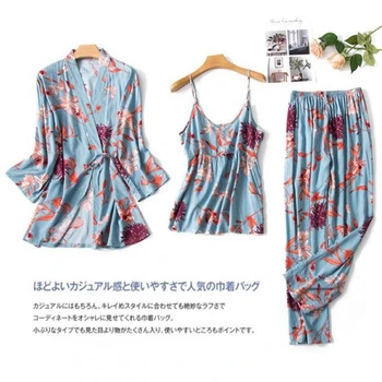 High Quality Female Pajamas Set V-Neck Sling Robe Elastic Pants Loose Casual Pajama Home 3 Pieces Pajama Set
High Quality Female Pajamas Set V-Neck Sling Robe Elastic Pants Loose Casual Pajama Home 3 Pieces Pajama Set