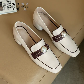 

Xiuningyan Brand Women Flats Pearl Decoration Casual Shoes Woman Oxford Genuine Leather Real Photo Creeper Brogue Loafers 2020