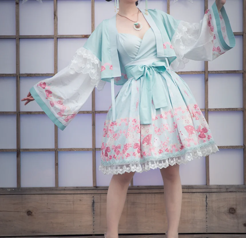 

Two-piece jsk+coat cos Lolita jsk Dress loli kawaii girl Japanese Vestidos bowknot Victoria lace Ruffle dress Mid waist