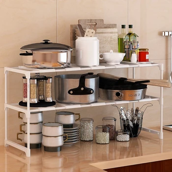 Kitchen launching trough shelf retractable multi-functional landing double-layer storage rack
Kitchen launching trough shelf retractable multi-functional landing double-layer storage rack