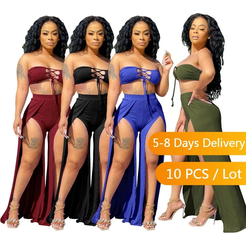Wholesale Items Summer Two Piece Set Women Fashion Club Off Shoulder Sexy Outfits Bandage Crop Top High Slit Wide Leg Pants Set
Wholesale Items Summer Two Piece Set Women Fashion Club Off Shoulder Sexy Outfits Bandage Crop Top High Slit Wide Leg Pants Set
