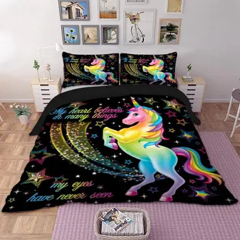 Cartoon Duvet Cover Rainbow Unicorn Fairytale with Sparkling Stars 3D Digital Printing Bedding Sets Black Background
Cartoon Duvet Cover Rainbow Unicorn Fairytale with Sparkling Stars 3D Digital Printing Bedding Sets Black Background