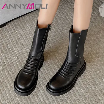 ANNYMOLI Real Leather Platform High Heel Mid Calf Boots Women Shoes Zipper Block Heels Pleated Boots Lady Autumn Winter Black 43
ANNYMOLI Real Leather Platform High Heel Mid Calf Boots Women Shoes Zipper Block Heels Pleated Boots Lady Autumn Winter Black 43